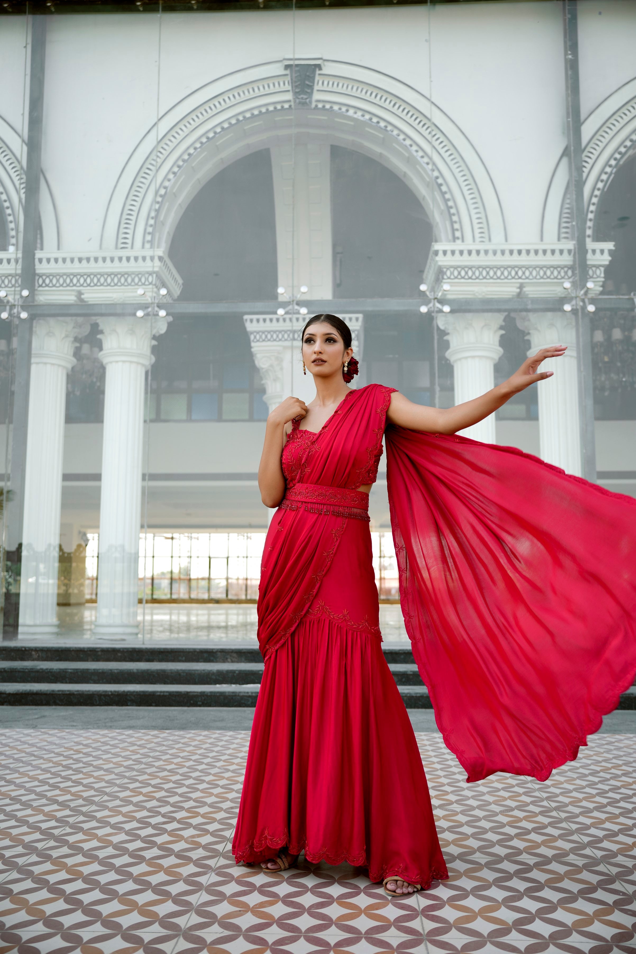 Buy Pink Crepe Satin V Neck Draped Saree Gown With Belt For Women by Qbik  Online at Aza Fashions.