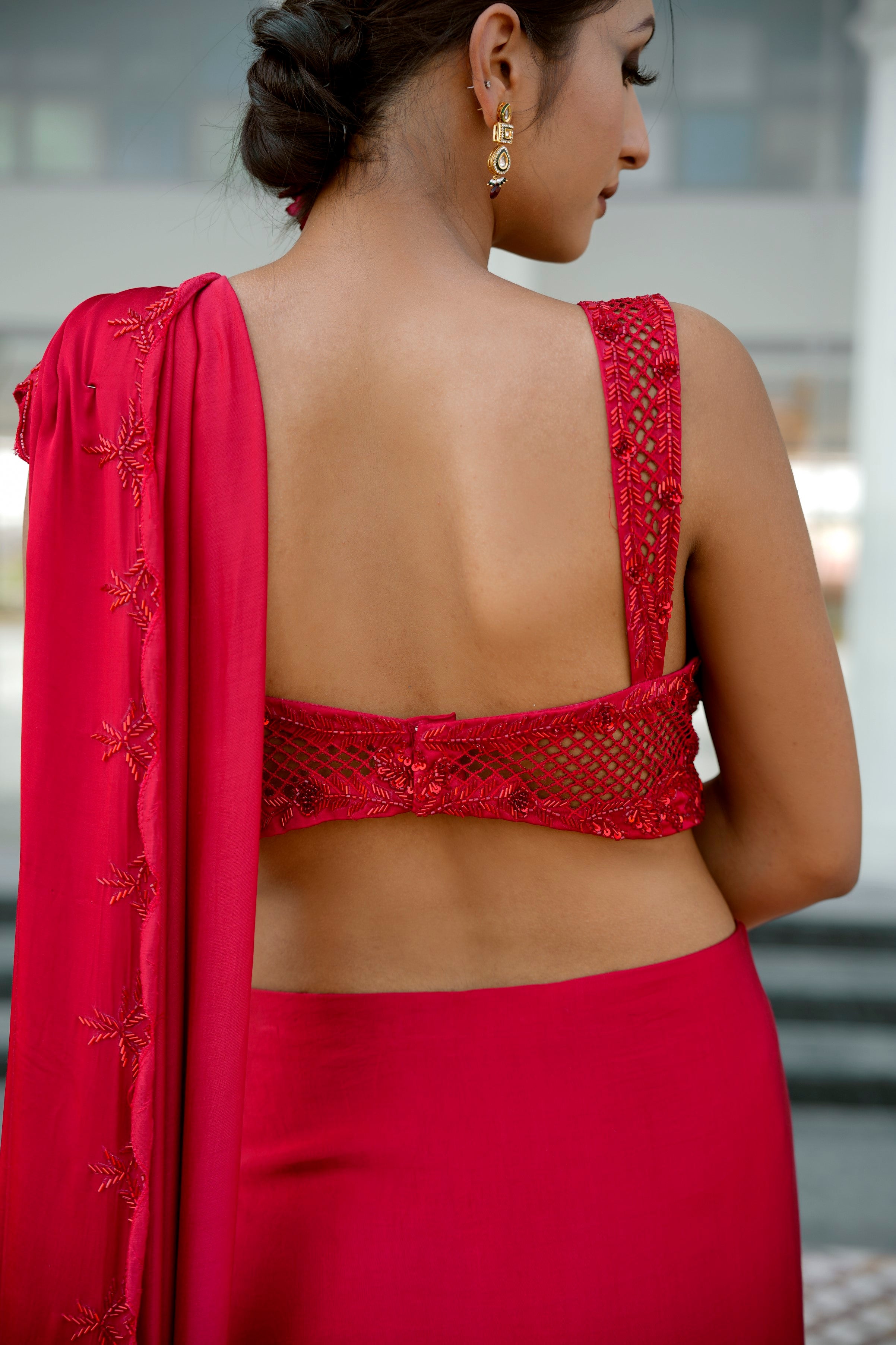 Buy Saree With Stitched Blouse/ Modern Saree Belt Blouse / Red Saree USA /  Cocktail Georgette Saree / Sequin Blouse Red / High Neck Saree Blouse  Online in India - Etsy