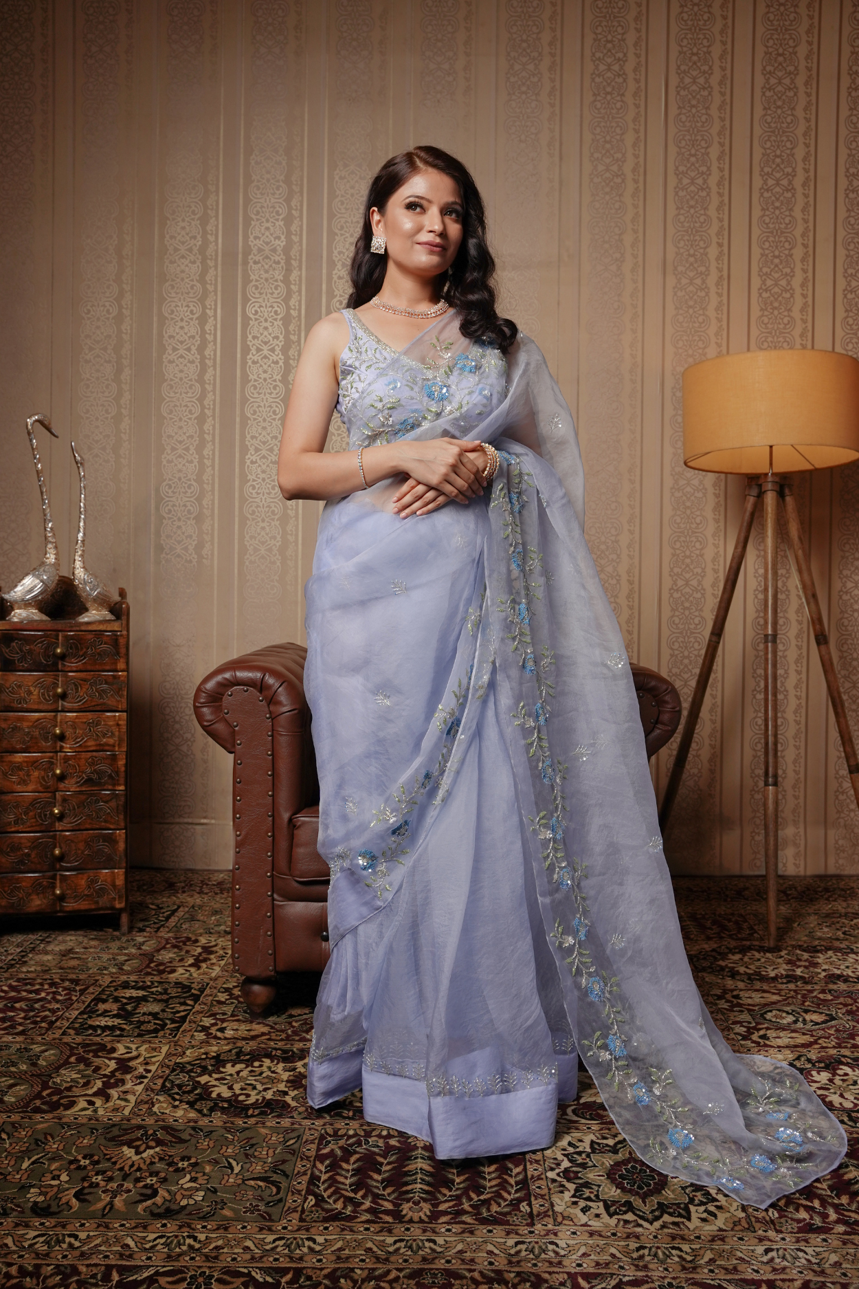 Buy Designer Saree | Sky Blue Floral Print And Sequence Embroidery Organza  Saree At Hatkay